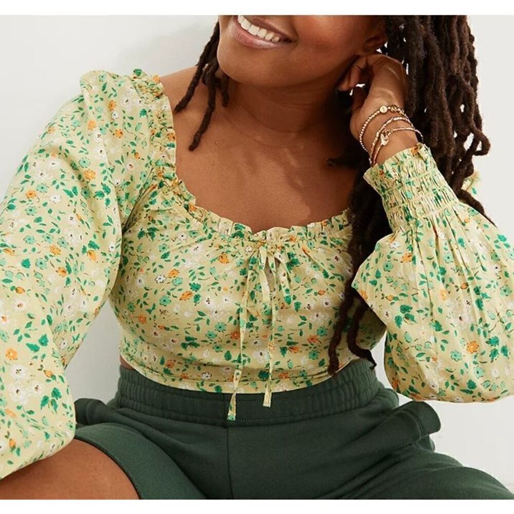 NWOT Aerie Woven Pretty Long Sleeve Top size XXL Ditsy Floral Green Yellow cropp